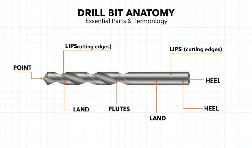 Diagram showing the anatomy of a drill bit with labeled parts like point, lips, flutes, land, and heel