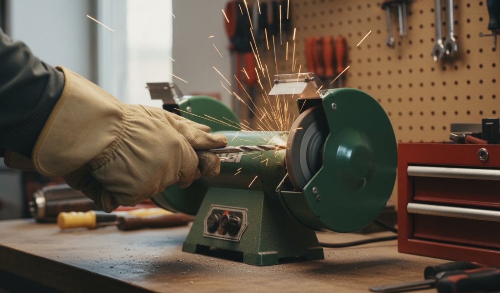 Sharpening a drill bit on a bench grinder with sparks in a workshop