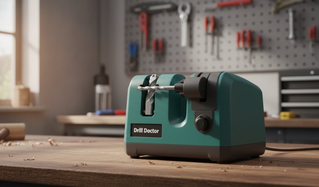 Drill Doctor drill bit sharpener machine sharpening a drill bit in a workshop
