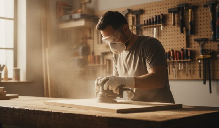Woodworker sanding a wooden board with an electric orbital sander in a workshop