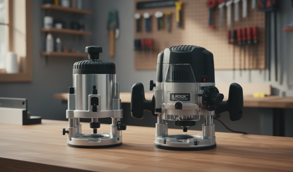 Fixed base router and plunge base wood router on a workbench in a woodworking workshop