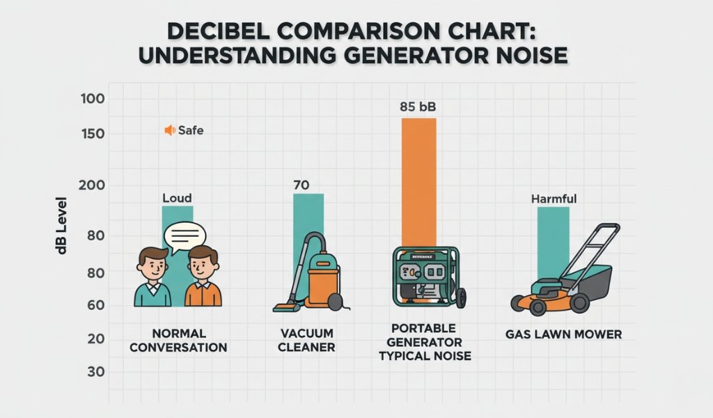 decibel comparison chart showing portable generator noise around 85 dB compared with normal conversation, vacuum cleaner and lawn mower