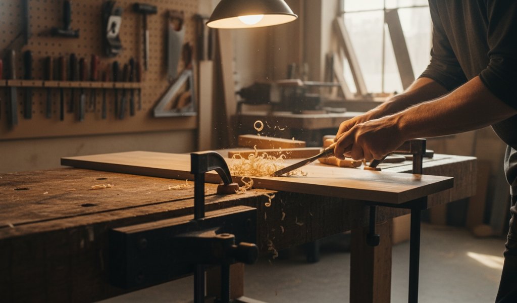 Woodworker using a wood chisel on a wooden board in a workshop to shape and smooth wood