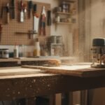 Woodworker using a handheld wood router to cut and shape a wooden board in a woodworking workshop