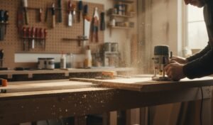 Woodworker using a handheld wood router to cut and shape a wooden board in a woodworking workshop