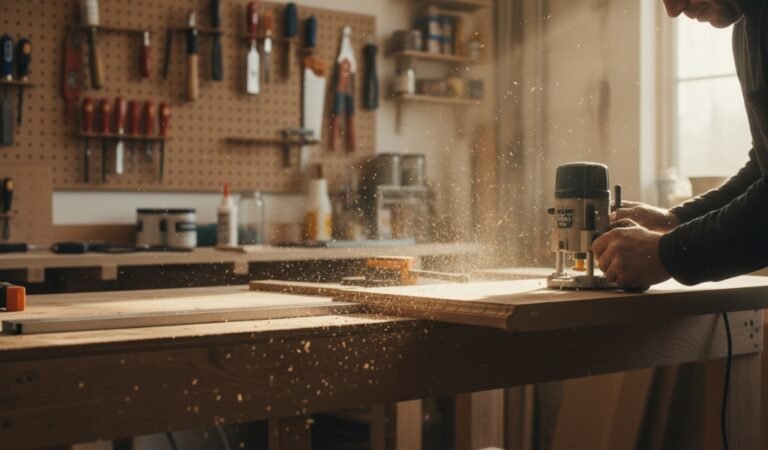 Woodworker using a handheld wood router to cut and shape a wooden board in a woodworking workshop