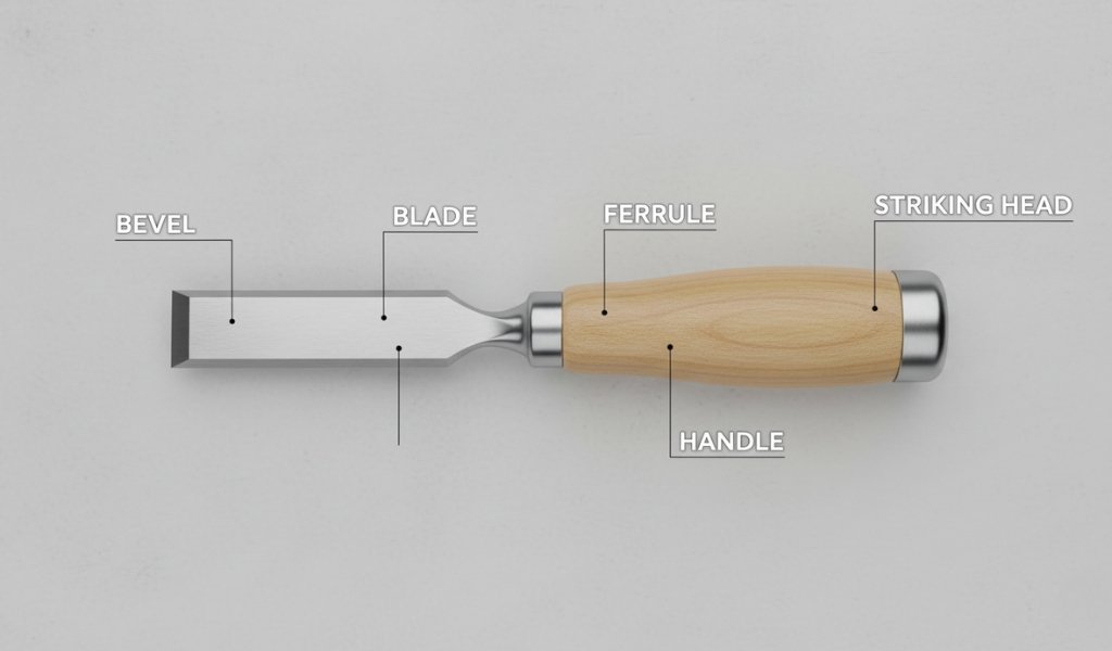 Diagram showing parts of a wood chisel including blade, bevel, ferrule, handle, and striking head