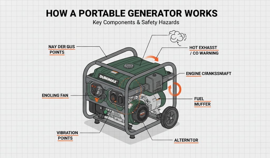 diagram showing key components of a portable generator including engine, alternator, muffler, cooling fan and exhaust system