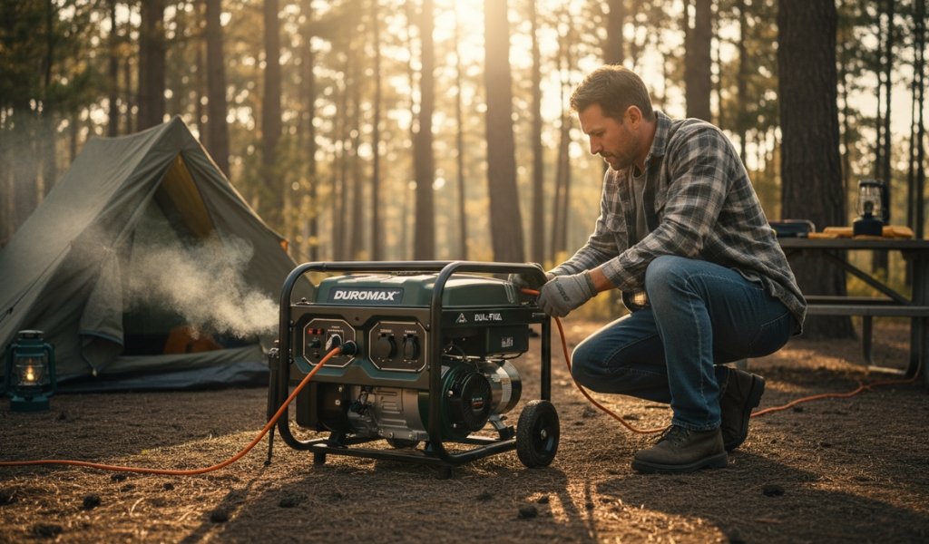 portable generator running at campsite during outdoor camping
