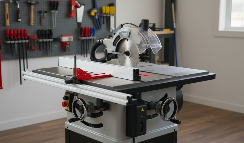 professional table saw machine on a woodworking workbench in a workshop