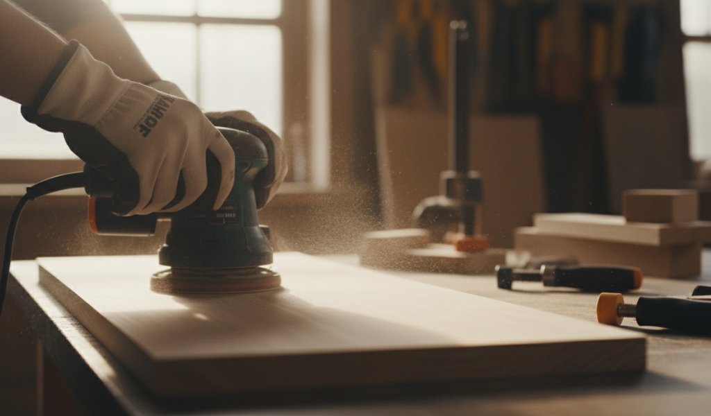 Woodworker sanding a wooden board with a random orbital electric sander in a workshop