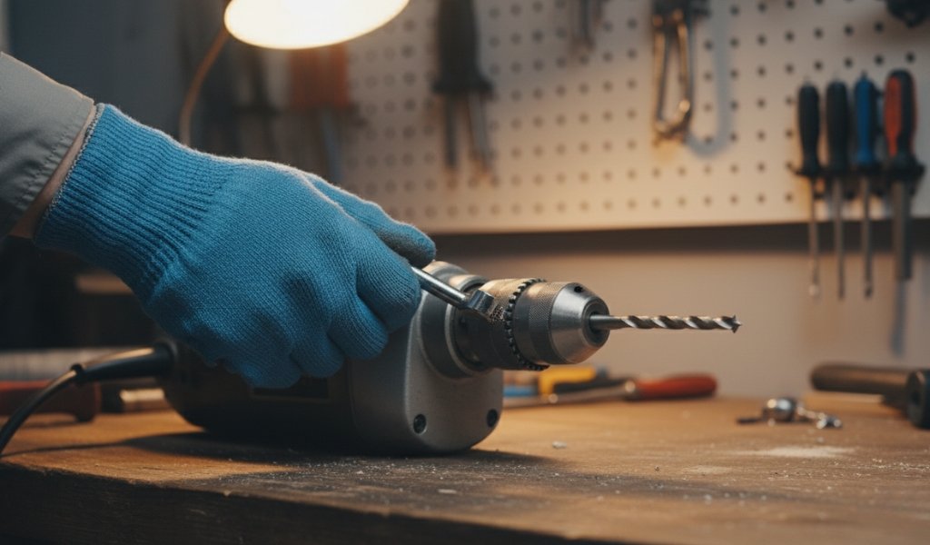 Person using a drill chuck key to loosen a drill bit from a power drill