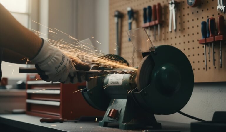 Sharpening a drill bit using a bench grinder in a workshop