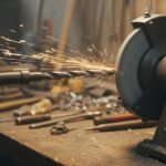 Sharpening a drill bit on a bench grinder with sparks in a workshop