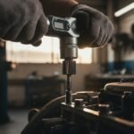 mechanic using a torque wrench to tighten a bolt on an engine component