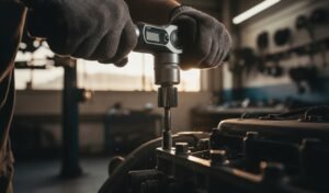 mechanic using a torque wrench to tighten a bolt on an engine component
