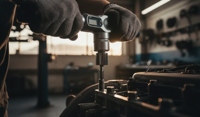 mechanic using a torque wrench to tighten a bolt on an engine component