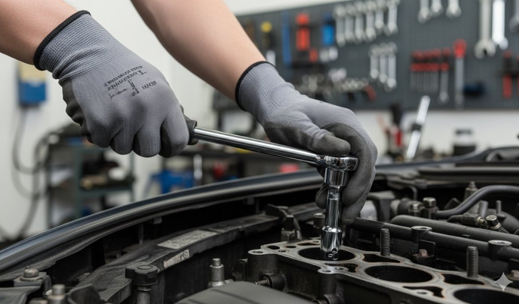 mechanic using a torque wrench to tighten a bolt on a car engine