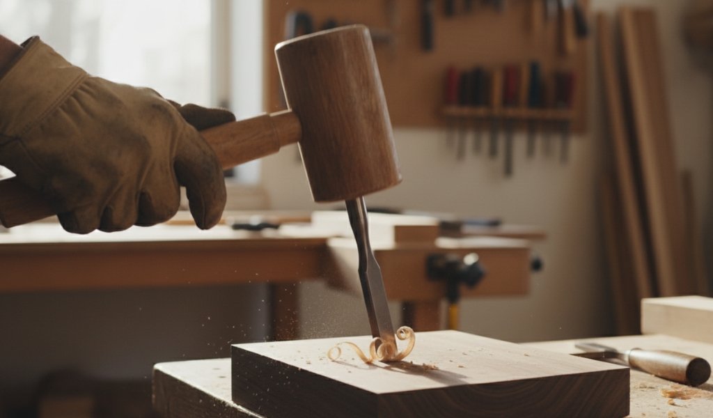 Woodworker using a mallet and wood chisel to cut into wood with a chopping technique on a workbench