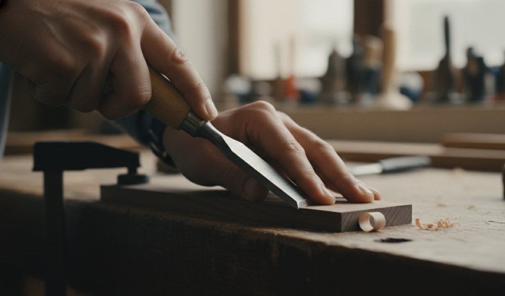 Close-up of hands using a wood chisel to shape wood with a paring technique on a workbench