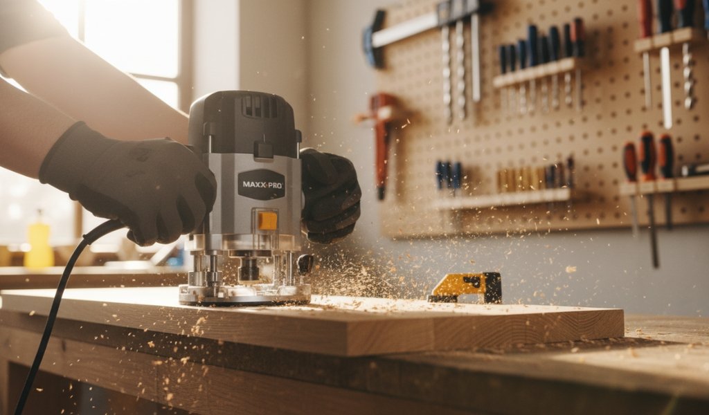 Woodworker using an electric wood router to shape a wooden board in a workshop