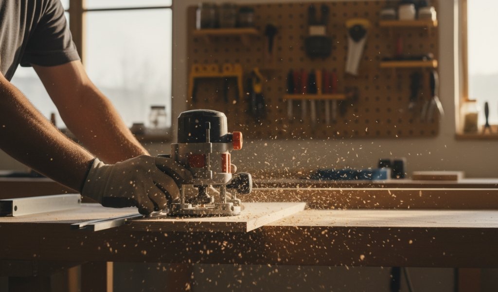 Woodworker using a wood router to cut and shape the edge of a wooden board