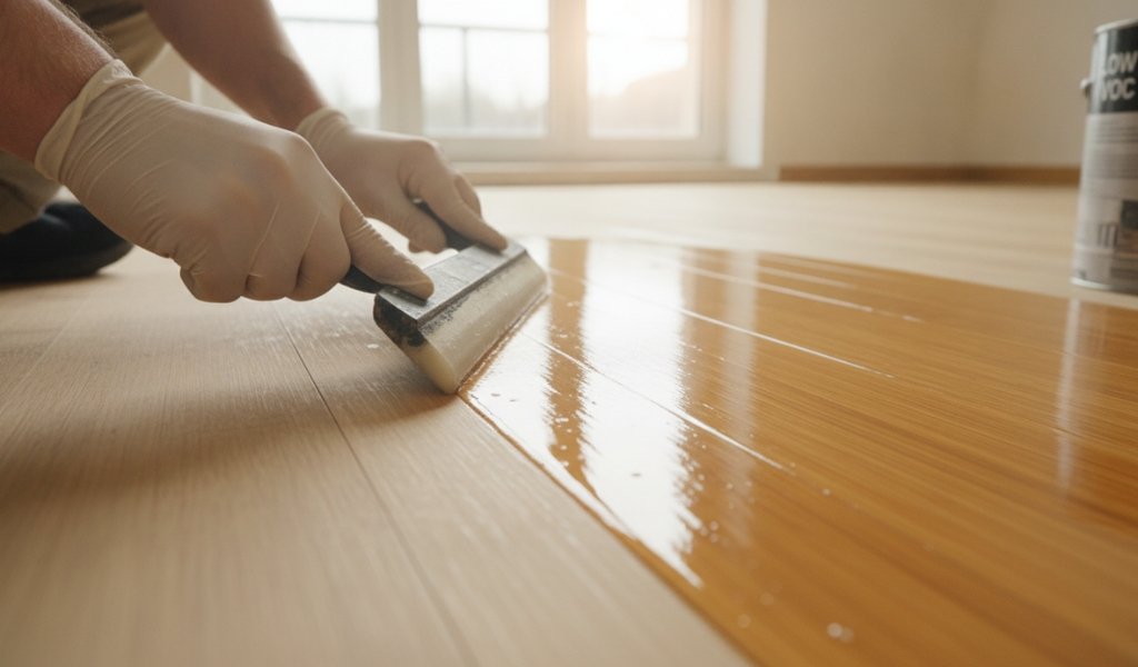 Applying a protective clear coat of polyurethane on a beautifully smooth surface after completing the bamboo floor sanding process.