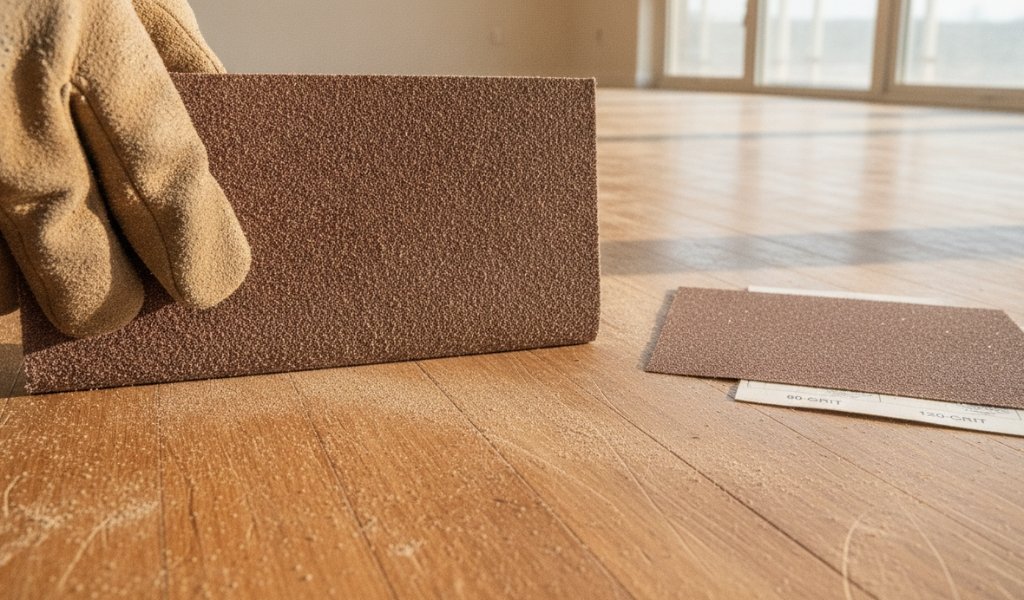 A close-up of a hand with a sanding glove holding a rough sandpaper sheet next to fine grit progression papers on a wood floor.