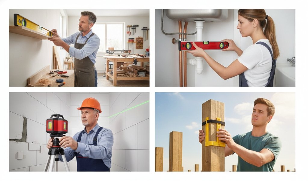 Different types of spirit levels being used for woodworking, plumbing, laser leveling, and fence post installation in professional and DIY construction projects.