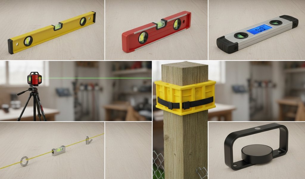 Comparison of different types of spirit levels, including standard, torpedo, digital, laser, post, line, and magnetic spirit levels used for construction, carpentry, and DIY projects.