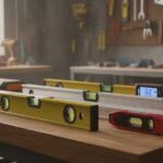 Different types of spirit levels including standard, torpedo, magnetic, and digital levels displayed on a workshop bench.