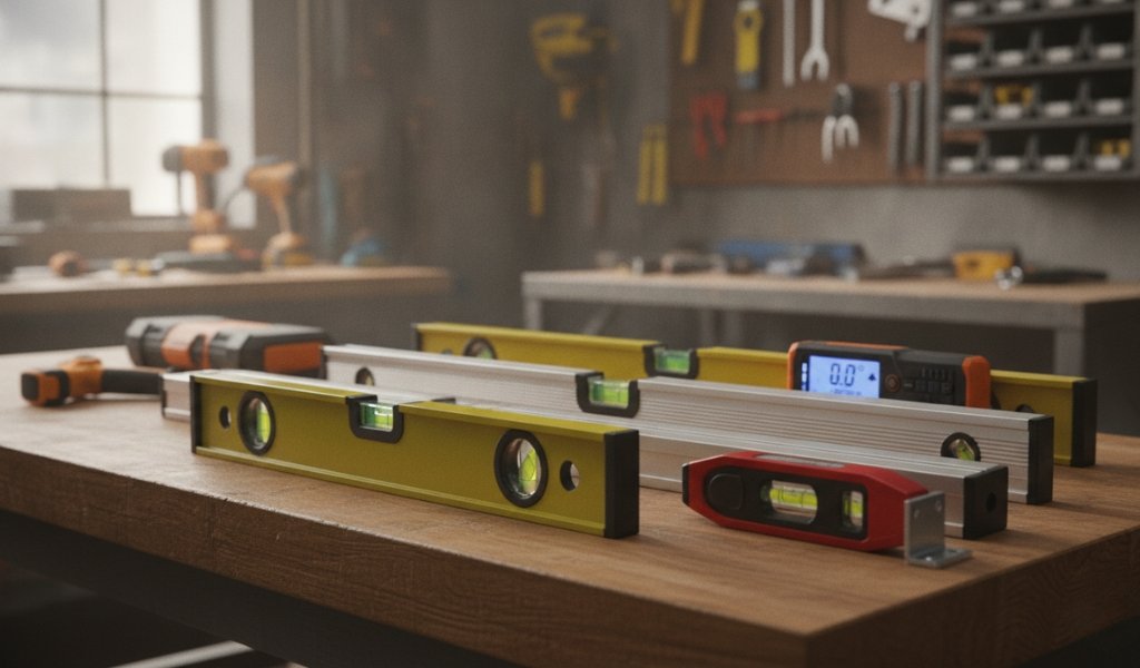 Different types of spirit levels including standard, torpedo, magnetic, and digital levels displayed on a workshop bench.