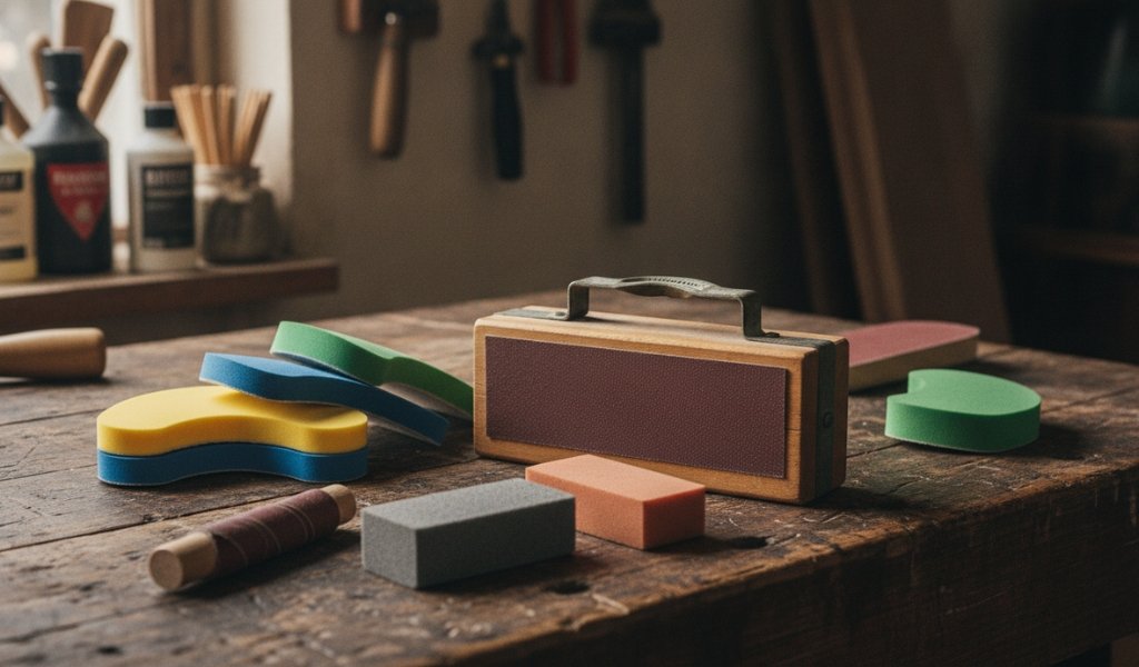 An array of manual hand sanding tools including traditional blocks, contoured foam pads, and flexible sponges.