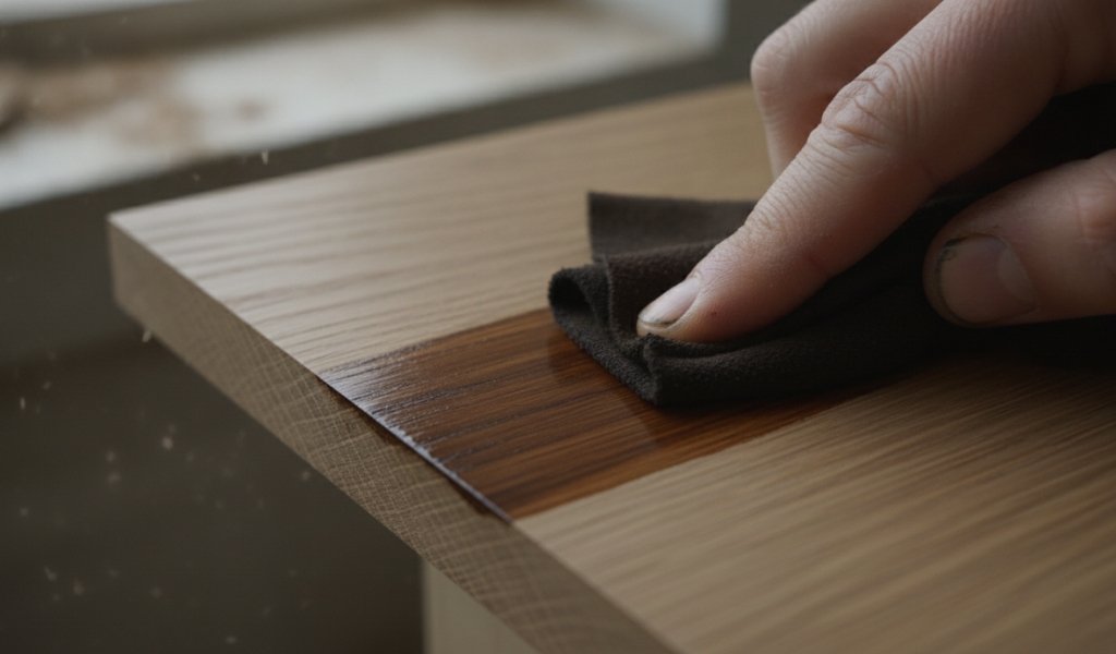 Applying wood stain evenly on a perfectly prepared surface after completing the wood sanding process.