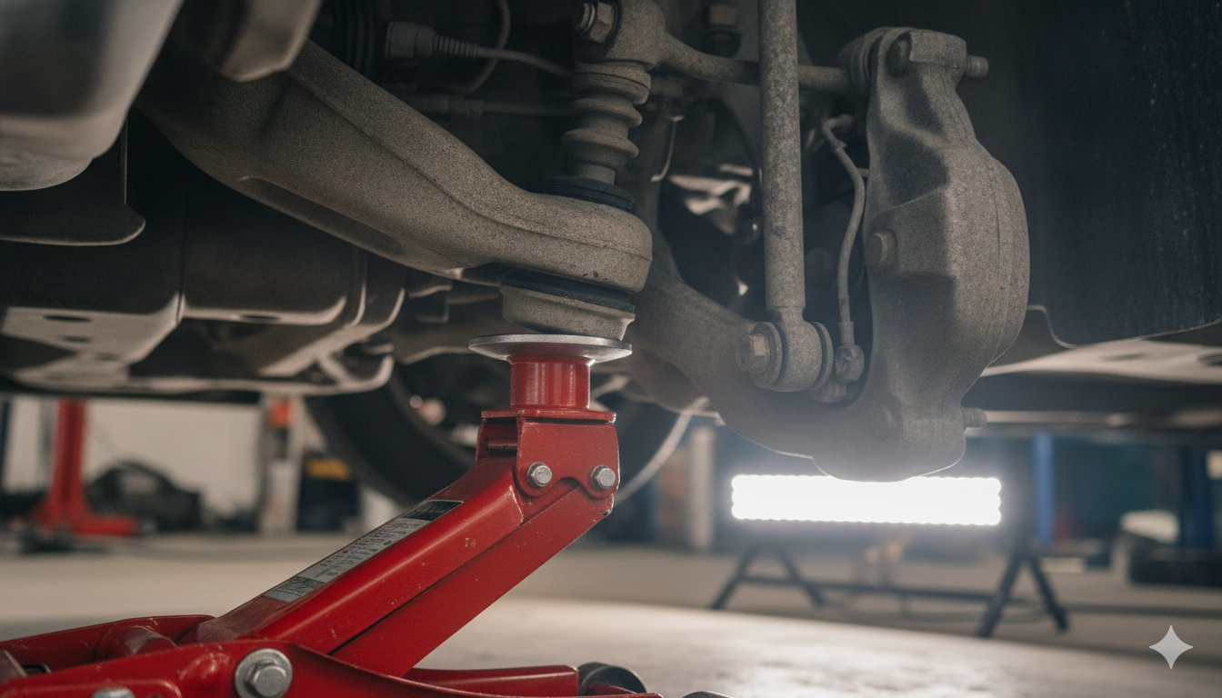 The front wheel removed, showcasing the exposed coil spring and brake rotor in a home garage.