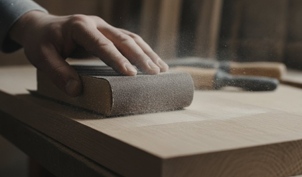 A craftsman's hand maintaining even pressure while using a block for coarse wood sanding.