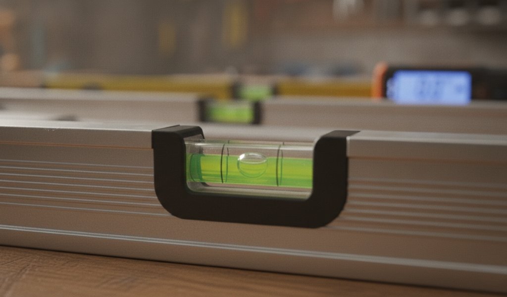 Close-up of a bubble spirit level with the air bubble centered between the reference lines to indicate a perfectly level surface.