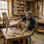 A professional carpenter performing precision wood sanding on a custom chair inside a woodworking workshop.