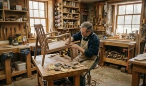 A professional carpenter performing precision wood sanding on a custom chair inside a woodworking workshop.