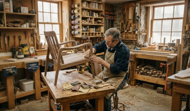 A professional carpenter performing precision wood sanding on a custom chair inside a woodworking workshop.