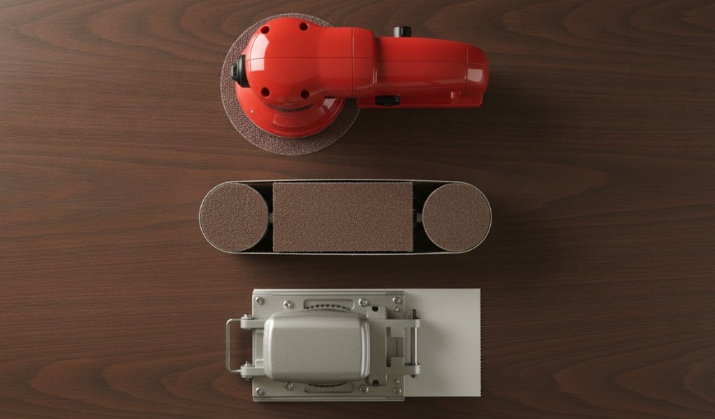 A top-down view of essential power tools for efficient wood sanding including orbital and belt sanders.