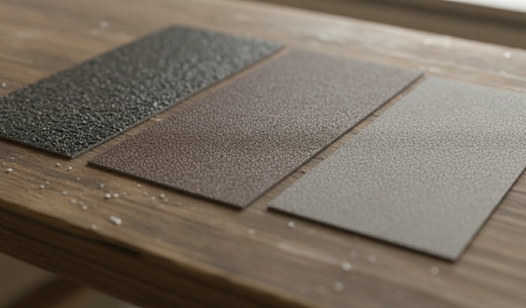 Three sheets of different grit sandpaper displayed flat for comparing coarse, medium, and fine sanding textures.