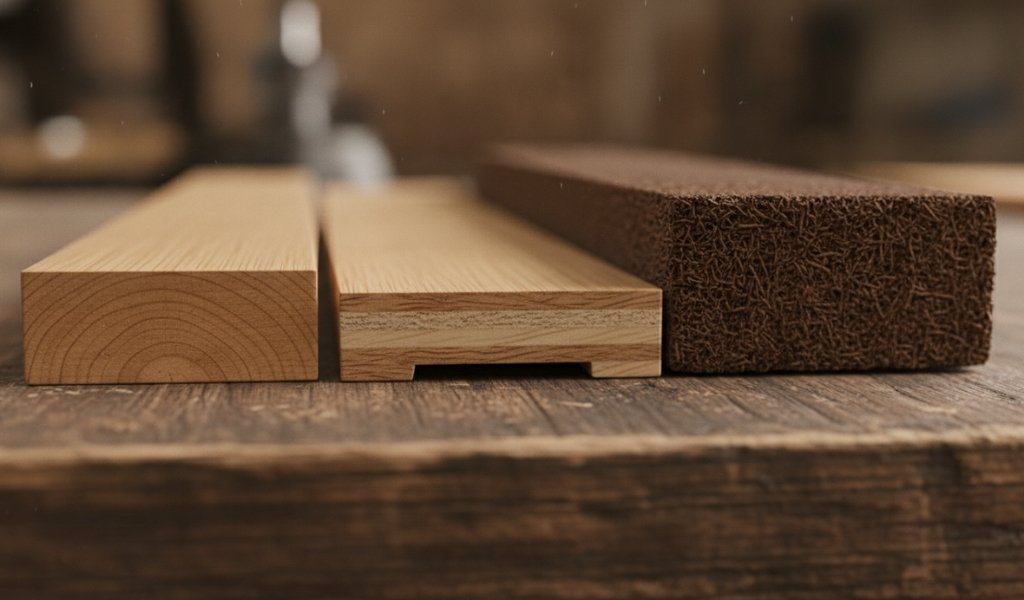 A cross-section comparison of solid, engineered, and dense strand-woven profiles used during the bamboo floor sanding and assessment stage.