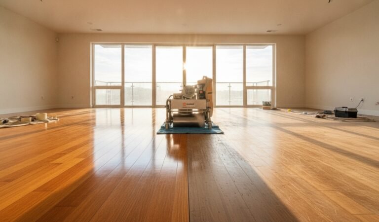 A drum sander machine actively in use on a partially sanded surface to answer "Can You Sand Bamboo Flooring"