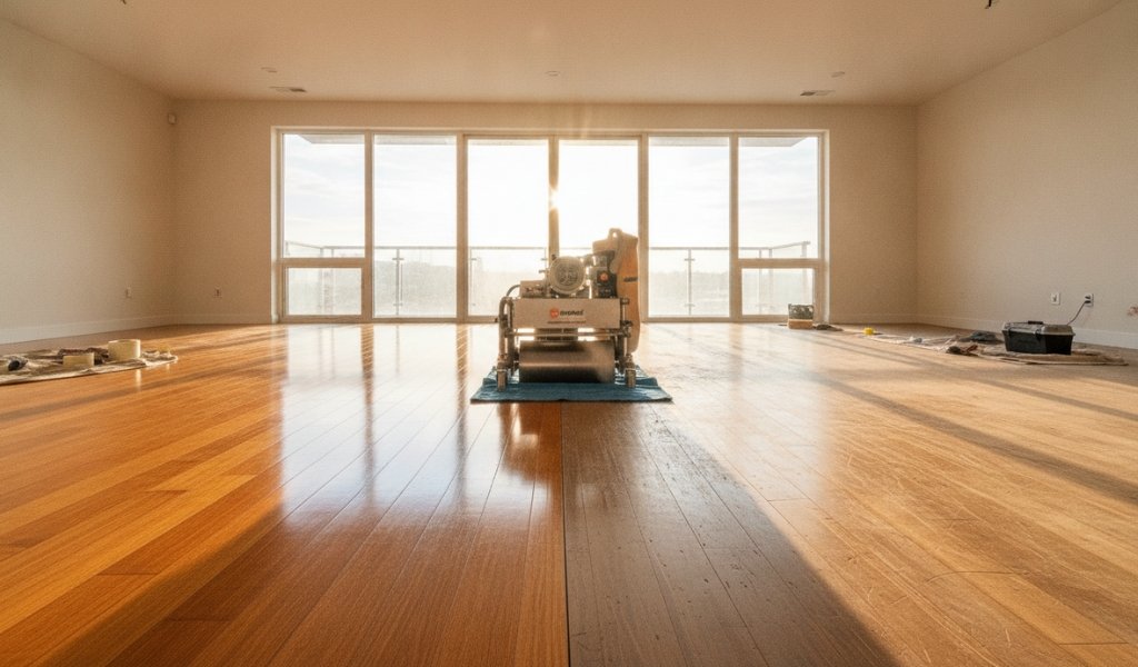 A drum sander machine actively in use on a partially sanded surface to answer "Can You Sand Bamboo Flooring"