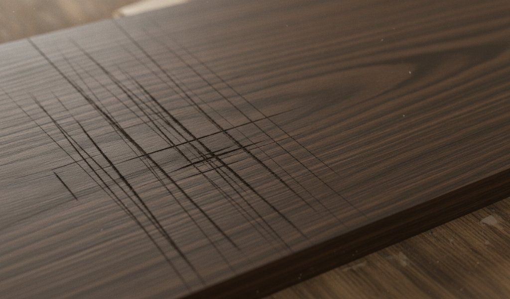 Deep cross-grain marks on a dark walnut board caused by incorrect sanding against the wood grain