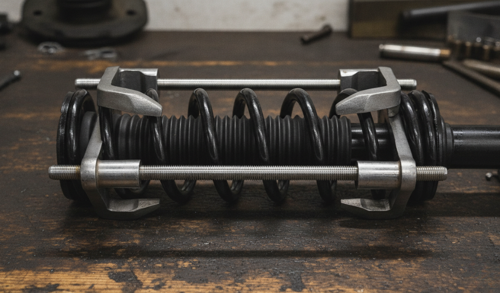 A pair of external two-jaw spring compressor rods clamped symmetrically