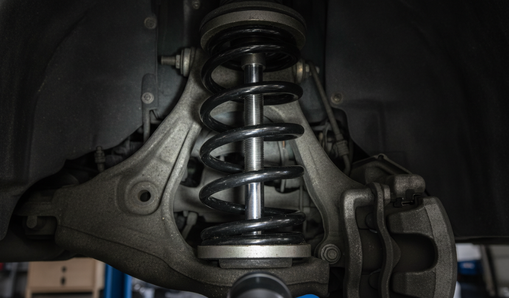 An internal rod spring compressor tool threaded straight through the center axis of a suspension coil inside a compact wheel well.