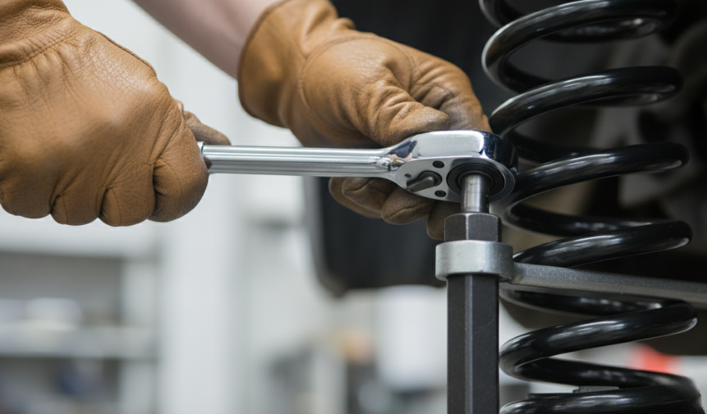 Manual hand ratchet to slowly and evenly tighten a spring compressor tool bolt to prevent unsafe tilting.