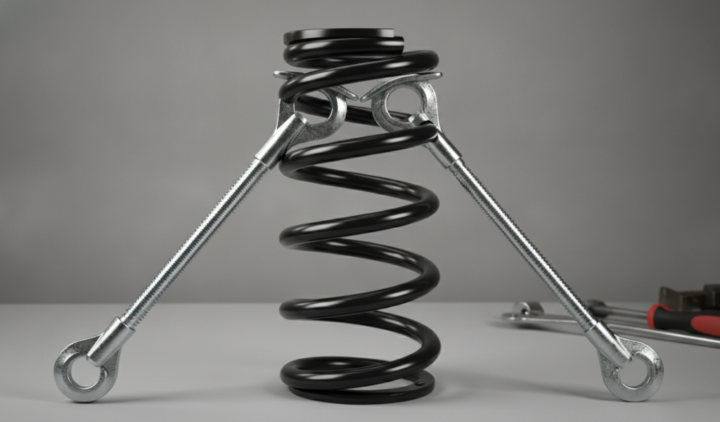 Manual half-inch drive ratchet wrench to slowly tighten an external spring compressor rod.